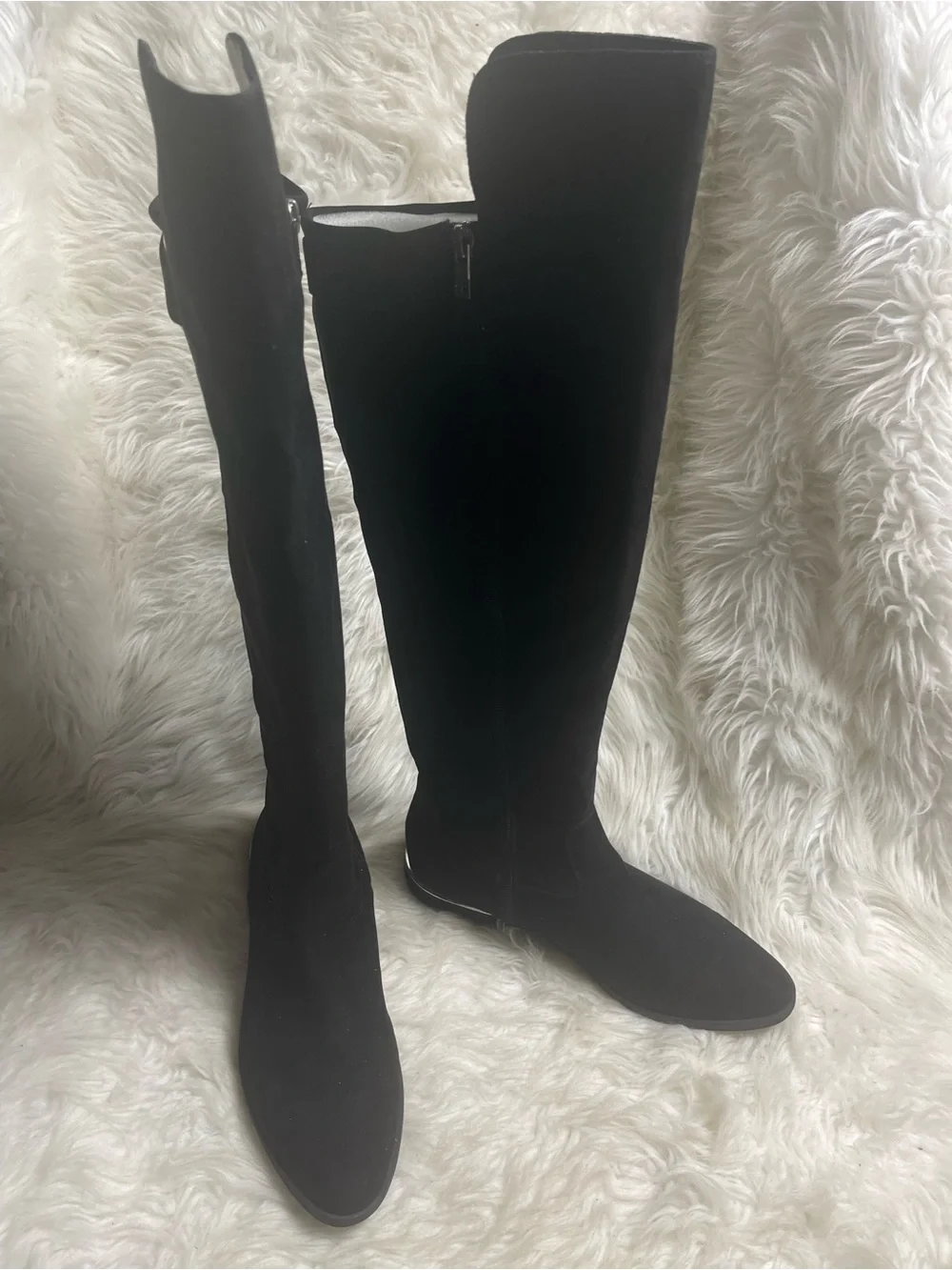 Calvin Klein synthetic suede over the knee boots SZ10 silver accent side zipper